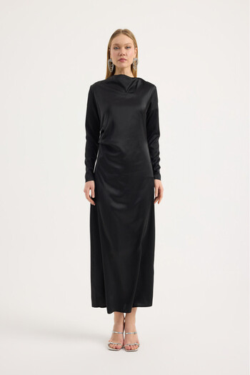 Birgül Bektaş Black Satin Drape Dress