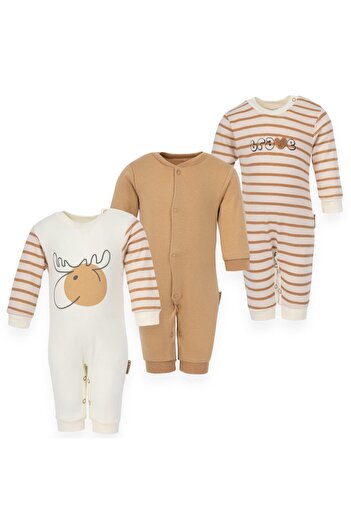 Lolons Geyik Baskılı Çizgili Çıtçıtlı Erkek Bebek Üçlü Tek Boy Manşetli Tulum