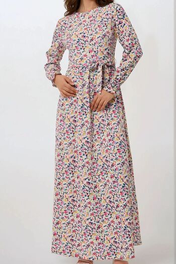 Hiccup Floral Pattern Textured Belted Crew Neck Modest Dress