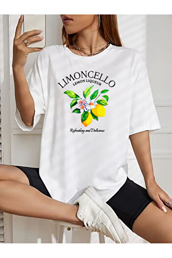 SUNFREE Popular Trend Limoncello Printed Loose Fit White Women's Tshirt