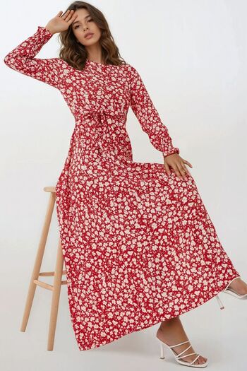 Hiccup Floral Pattern Textured Belted Crew Neck Modest Dress