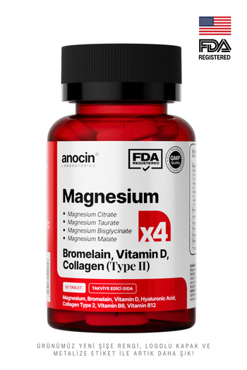 anocin MAGNEZIUM X4 COMPLEX CITRATE, TAURATE, BISGLYCINATE, MALATE + BROMELAIN + COLLAGEN+ H.ACID+D+B12+B6