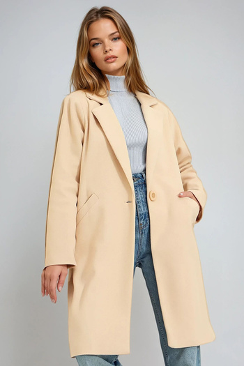 VAGGON Women's Beige Double Pocket Lined Winter Cashmere Coat Prmx9447