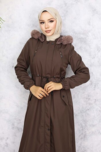 giyze Plush Inside and Fur Collar Long Bondit Coat Brown 1050