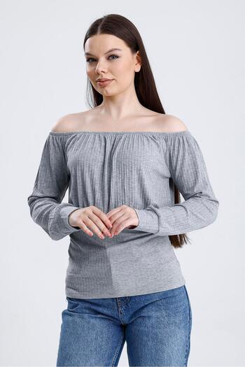 Miss Murem Boat Neck Ribbed Sleeve Blouse-Gray