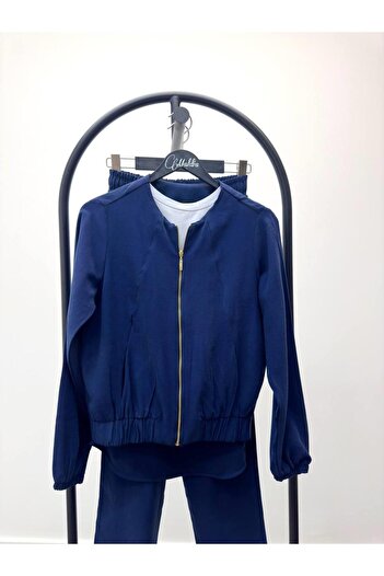 Maldia Shop Women's Zippered Jacket Pants Bottom-Top Navy Blue Set