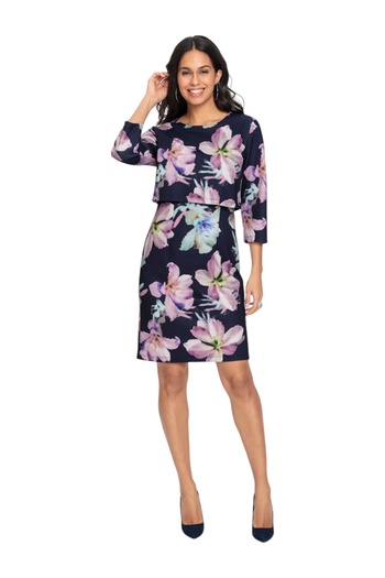 MAMAYAGA Women's Crew Neck Floral Pattern Three Quarter Sleeve Design Sporty Stylish Plus Size Curve Dress