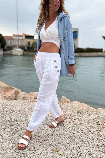 Güneşkızı Italian White Pocket Ornamental Button Elastic Waist Linen Loose Woven Trousers 95 68