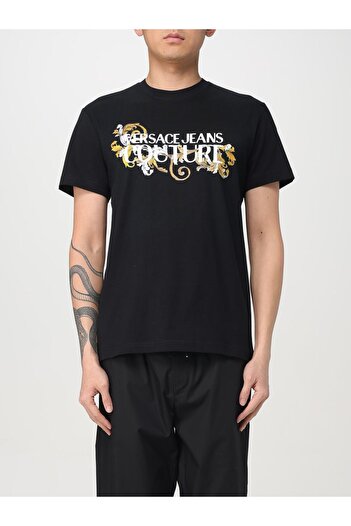 Versace Ανδρικό μπλουζάκι με κοντό μανίκι με λαιμόκοψη και μοτίβο μαύρο 78gahc05cj01c-g89