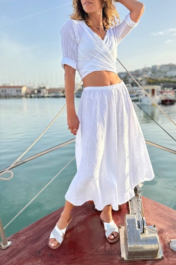 Güneşkızı Italian White Elastic Waist Linen Woven Flared Skirt 90 80