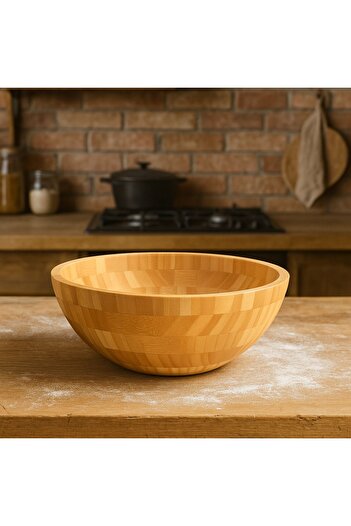 ELZEY HOME Natural Bamboo 30 cm Deep Salad & Fruit Bowl & Dough Kneading