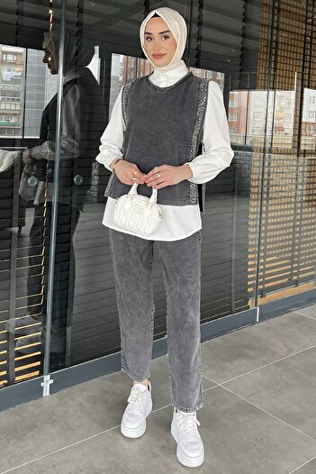 julude Anthracite Side Tie Stone Detailed Denim Vest Shirt Trousers Jean Hijab Triple Set