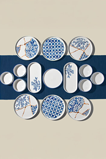 Nehir Azure 15 Piece Ceramic Breakfast Set for 6 People