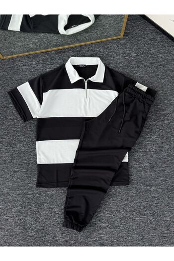 Altamira Men's Black Striped Oversize Half Zipper Elastic Leg Sweatpants Set