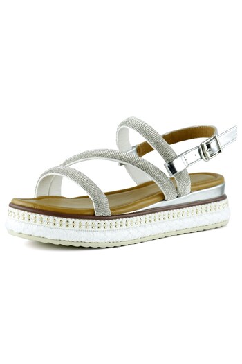 Erkan Saçmacı Silver Three-Striped Stone Pearl Detailed Zigzag Braided Platform Sandals