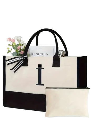 woys Your First Name Printed Canvas Fabric Beach Bag - with Makeup Bag Gift