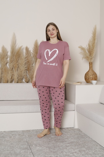 FAMES PİJAMA Summer Plus Size Women's Pizzama Suit with Heart