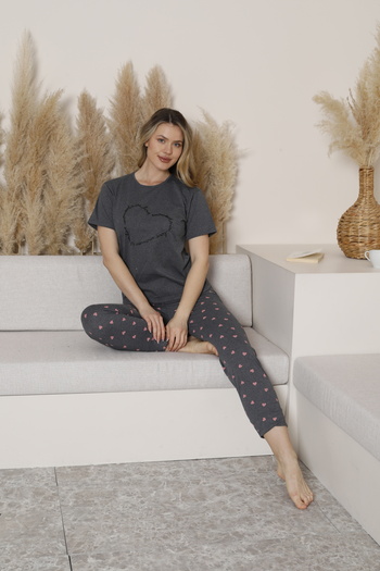 FAMES PİJAMA Summer Heart Patterned Short Sleeve Women's Pajama Set