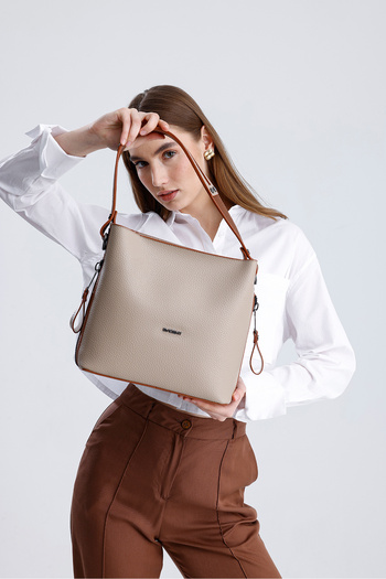 Evident Sand & Tan Zipper Detailed Women's Shoulder Bag with Puppy