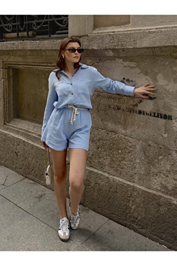 FERZOLAİO Baby Blue Muslin Shirt Set