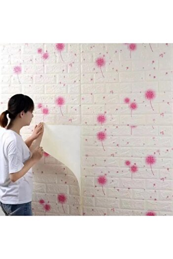 Flippy Set of 10 3D Wallpaper Tiles, Flippy, 70x77cm, 3 mm, Polyethylene, Brick Type with Pink Dandelion, 5.3 sq m, White