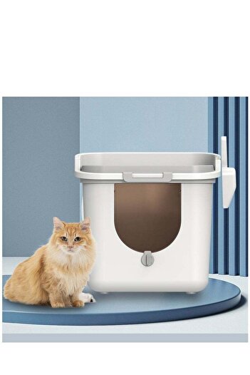 COOYA Top entry cat litter box, one way design, easy to clean, comes with litter mat and scoop, grey