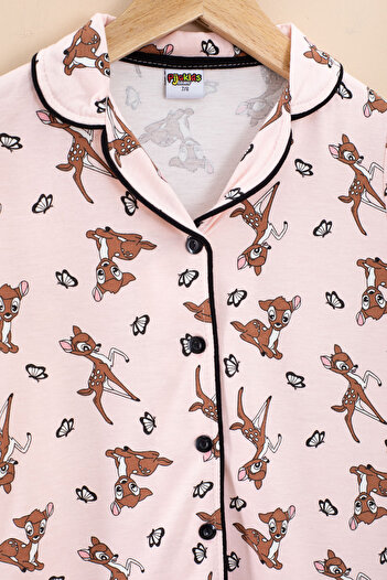 Cansın Mini Pink Deer Patterned Short Sleeve Girl's Eye Patched Pajama Set 20568