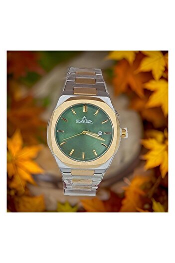 Generic Men Fashion Watch Gold And Silver Strap With Green Dial With Date Function