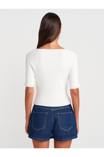 Dilvin 60970 Light Crew Neck Ribbed Buttoned Slim Knitwear Cardigan-Ecru
