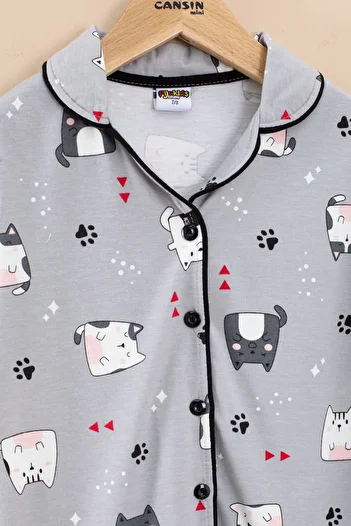 Cansın Mini Gray Cat Printed Short Sleeve Striped Girl's Pajama Set 20566