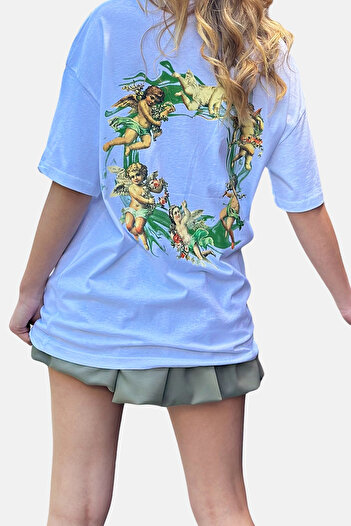 VAGGON Kadın Beyaz Bisiklet Yaka Eros Baskılı Oversize Unisez T-Shirt Prmx12326
