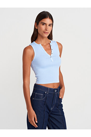 Dilvin 21005 Crop Top cu efect de spălare-albastru
