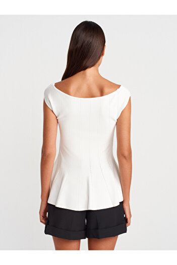 Dilvin 10741 Boat Neck Flounce Knitwear Blouse-Ecru