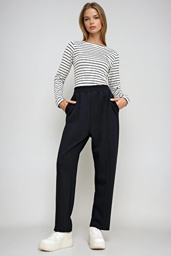 VAGGON Women's Black Double Pocket Front Grass Elastic Waist Flowy Modal Trousers Prmx12560