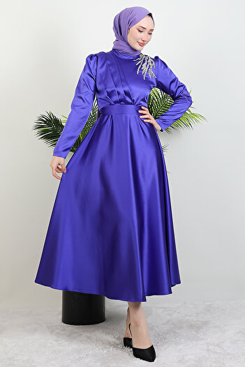 GİZ AGİYİM Purple Satin Evening Dress - Shoulder Stoned