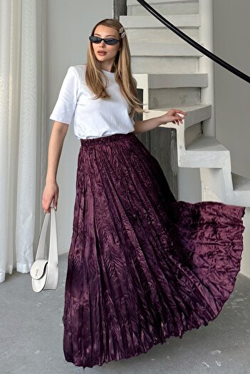 Olcay Elastic Waist Wrinkled Satin Skirt Damson 7059 Shoes