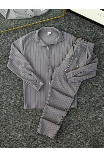 Altamira Men's Smoke Gray Striped Oversize Shirt-Bottom Set