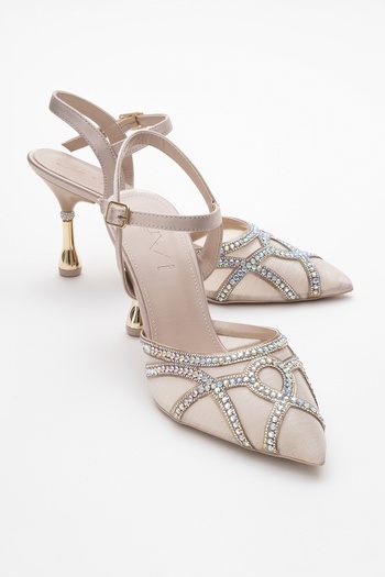LuviShoes Volby Beige Satin Stone Women's Evening Dress Shoes