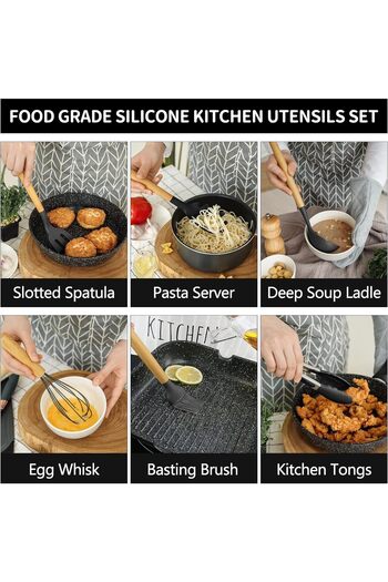 COOYA 12-Piece Silicone Kitchen Utensil Set, Wooden Handle, Bpa-free, Nonstick Cookware for Kitchen