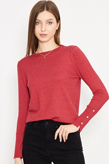 Irmak Kerekli Red Crew Neck Snap Knitwear Women's Sweater - 1060