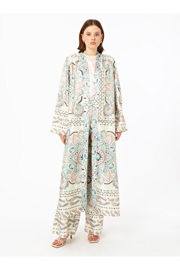 Refka Ethnic Patterned Satin Trousers Kimono Set -Refka
