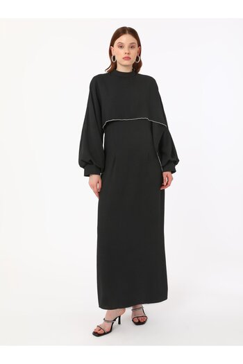Refka Black Stripe Detailed Stone Hijab Dress - Refka Exclusive
