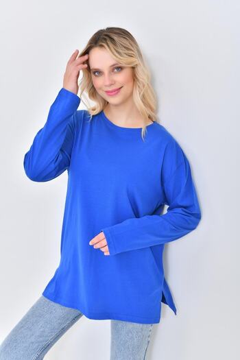 mirach Saks Blue Cotton Combed Cotton Tunic Long Sleeve Blouse T-Shirt Top
