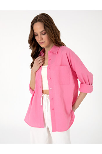 Pierre Cardin Açık Pembe Oversize Keten Karışımlı Uzun Kollu Gömlek 50313128-VR078