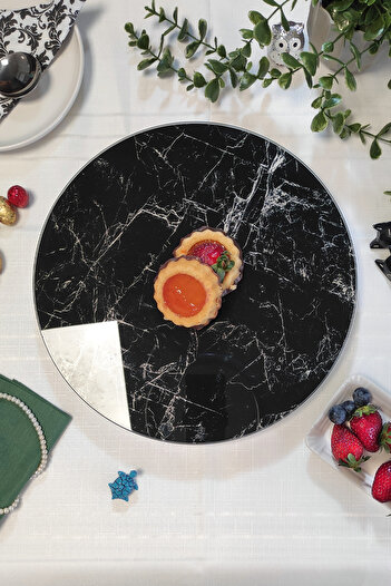 Sunum360 Black Marble Patterned Luxury Service Presentation Plate with Rotating Stand, Rotating Cake and Cheese Plate Stand