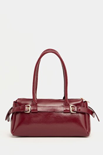 Madamra Claret Red Women's Hand and Shoulder Bag with Double Buckle Belt Detail