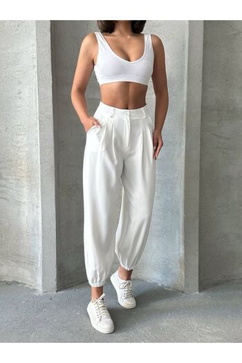 Zerenyus White Loose Leg Elasticized Shalwar Type Trousers