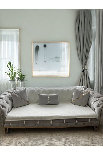 DESİGNBYASYAA Pati Dostu Koltuk Örtüsü Döşemelik Kumaş Püsküllü Kaymaz Sırt Ve Oturma Yerini Kaplar 140x200 Cm