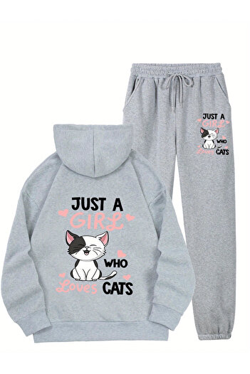 PENTHİLUS Cute Cat Print Casual Sportswear Set with Hooded Sweatshirt and Pants