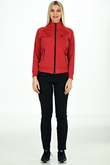 TRENDHİLL Trend Hill Women's Red Half Turtleneck Front Zipper Slim Cut Scuba Tracksuit Edy201803